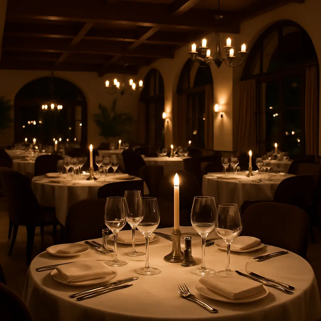 Fine dining restaurant interior with candlelight and white tablecloths