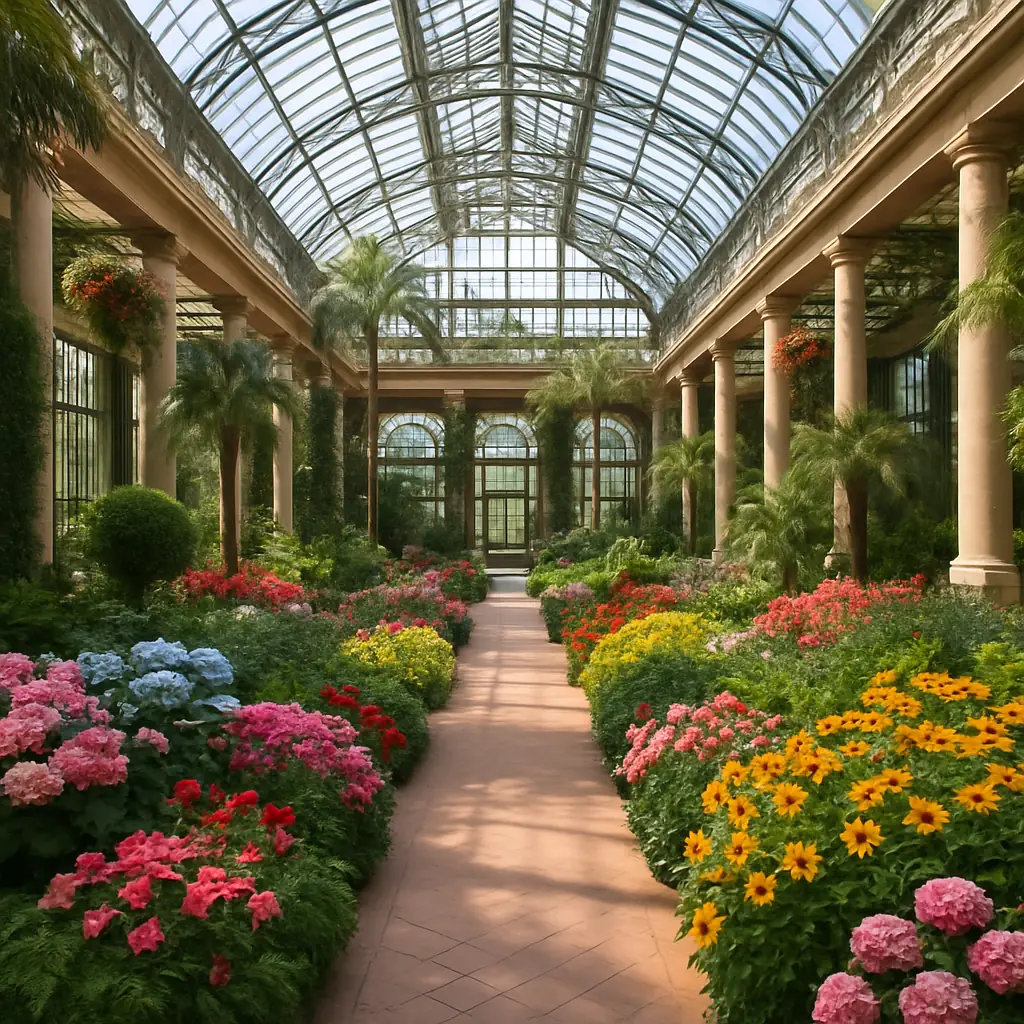 Conservatory botanical garden with glass ceiling and lush flowers