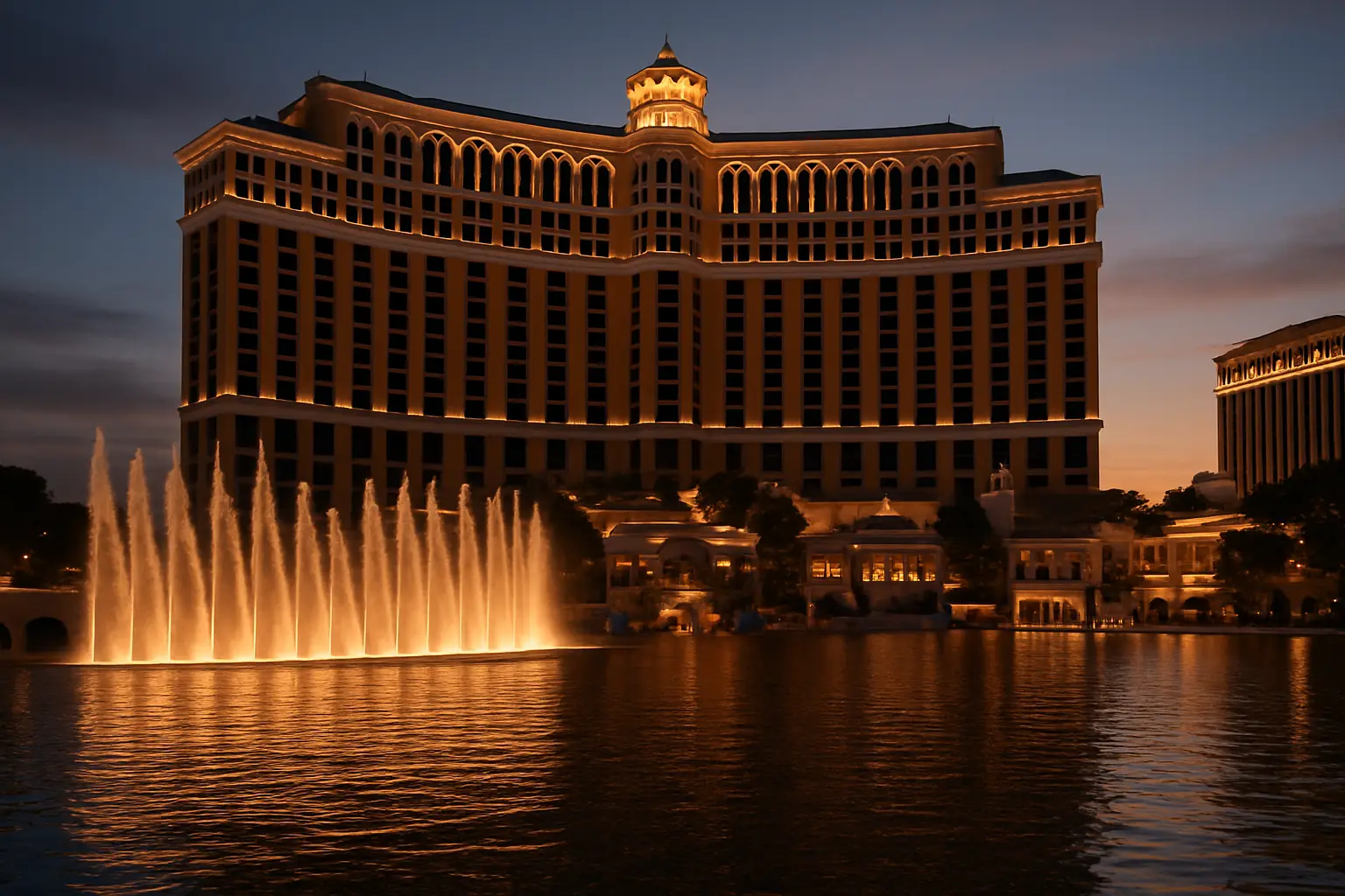 Bellagio fountain show at dusk with lake reflections
