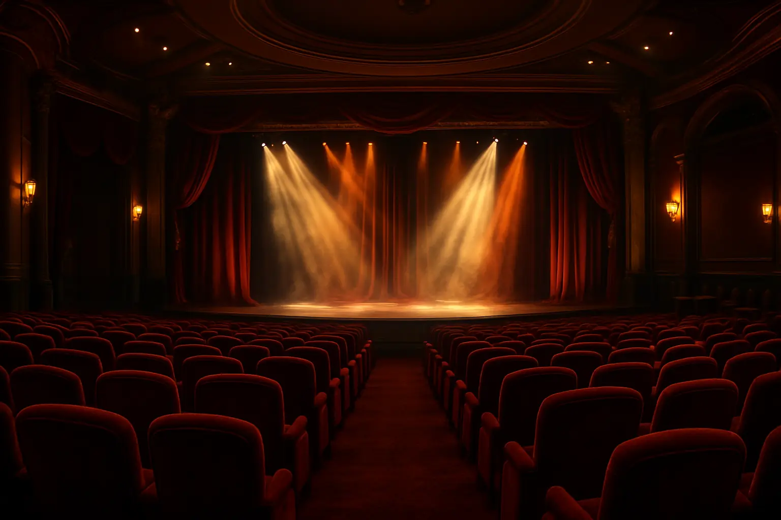 Theatre venue with dramatic stage lighting and velvet seats