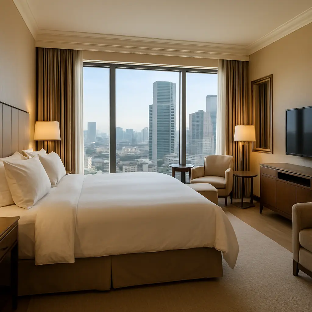 Luxury hotel suite with king bed and city view